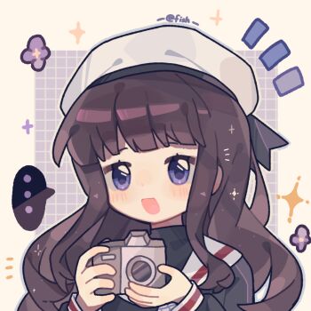 ... 1girl artist_name beret black_hair black_ribbon black_shirt blue_outline blunt_bangs blush_stickers border camera cardcaptor_sakura chinese_commentary commentary_request daidouji_tomoyo dot_nose eyelashes flower grid_background happy hat hat_ribbon holding holding_camera long_hair long_sleeves looking_ahead neckerchief notice_lines open_mouth outline outside_border puffy_long_sleeves puffy_sleeves purple_background purple_eyes purple_flower ribbon sailor_collar school_uniform shirt sidelocks smile solo sparkle speech_bubble spoken_ellipsis tomoeda_elementary_school_uniform turtleneck turtleneck_shirt upper_body wavy_hair white_border white_hat white_neckerchief white_outline white_sailor_collar xianyu_fish