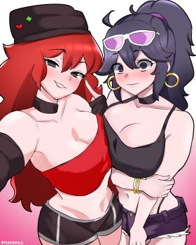 1340smile 2girls @_@ ahoge bare_shoulders beanie black_choker black_eyes black_gloves black_hair black_hat black_shorts blush bracelet camisole choker commentary cutoffs eyewear_on_head friday_night_funkin&#039; girlfriend_(friday_night_funkin&#039;) gloves grin hat hex_maniac_(pokemon) hex_maniac_(pokemon_xy) highres jewelry long_hair looking_at_viewer midriff multiple_girls navel nintendo pokemon pokemon_xy ponytail red_hair red_tube_top short_shorts shorts smile spaghetti_strap stomach strapless sunglasses tube_top very_long_hair white_background