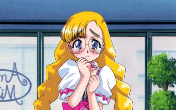 1girl 2000 animated animated_gif anna_miller blonde_hair blue_eyes blush braid choker closed_mouth crying crying_with_eyes_open game_cg glasses karin_(viper) own_hands_clasped own_hands_together pc-98_(style) pink_choker pink_ribbon retro_artstyle ribbon ribbon_choker solo tears twin_braids twintails viper_(series) viper_gtb waitress