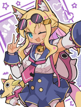 1girl :3 :d animal_ear_fluff animal_ears backpack bag bat_wings bell bird blonde_hair blue_eyes blue_wrist_cuffs breasts center_frills coin demon_girl demon_wings detached_sleeves disgaea dog_ears dog_girl dog_tail extra_ears eyewear_on_head fang frills gold hair_between_eyes hair_ornament heart highres jingle_bell koban_(gold) long_hair makai_senki_disgaea_7 mini_wings neck_bell neckerchief one_eye_closed open_mouth peg_leg penguin pirilika_(disgaea) pointy_ears prinny purple_background shirt sidelocks smile star_(symbol) suaman sunglasses tail two-tone_background underbust w white_background white_shirt wings wrist_cuffs