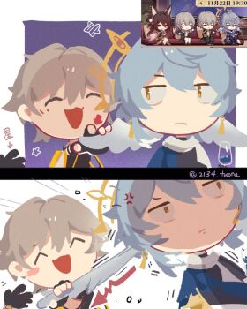 2134twone 2boys 2girls :3 ^_^ anger_vein blue_hair caelus_(honkai:_star_rail) chinese_commentary closed_eyes cup drinking_glass fingerless_gloves fugue_(honkai:_star_rail) gloves grey_hair halo hand_on_another's_wing head_wings honkai:_star_rail honkai_(series) jitome multiple_boys multiple_girls pulling reference_inset screenshot_inset star_(symbol) stelle_(honkai:_star_rail) sunday_(honkai:_star_rail) tingyun_(honkai:_star_rail) trailblazer_(honkai:_star_rail) twitter_username white_wings wine_glass wings