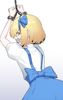 Rule 34 | 1641 (chfhrtor94), 1girl, absurdres, alice margatroid, alice margatroid (pc-98), back bow, blonde hair, blue bow, blue hairband, bound, bound wrists, bow, bow hairband, commentary, cowboy shot, crying, crying with eyes open, from behind, gag, gagged, gibberish commentary, hair bow, hairband, highres, improvised gag, looking at viewer, looking back, puffy short sleeves, puffy sleeves, shirt, short hair, short sleeves, simple background, skirt, solo, suspender skirt, suspenders, tape, tape gag, tears, touhou, touhou (pc-98), white background, white shirt, yellow eyes