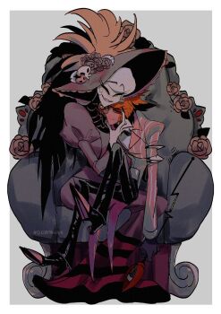 1boy 1girl alastor_(hazbin_hotel) black_pants collared_shirt commentary dress hazbin_hotel hellaverse highres long_dress oikisama_un pants pink_shirt red_dress red_hair rosie_(hazbin_hotel) sharp_teeth shirt short_hair symbol-only_commentary teeth white_hair