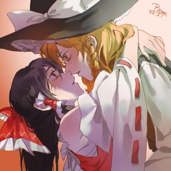 2girls aihara-rina arms_around_neck bare_shoulders black_eyes black_hair black_hat black_vest blonde_hair blush bow braid chinese_commentary commentary_request dated detached_sleeves eye_contact eyelashes face-to-face fingernails frilled_bow frilled_hair_tubes frilled_shirt_collar frills from_side gradient_background hair_bow hair_tubes hakurei_reimu hat hat_bow hat_ribbon highres imminent_kiss kirisame_marisa long_hair long_sleeves looking_at_another multiple_girls open_mouth parted_bangs parted_lips red_bow red_vest ribbon ribbon-trimmed_sleeves ribbon_trim sarashi shirt signature single_braid touhou vest white_bow white_ribbon white_shirt wide_sleeves witch_hat yellow_eyes yuri