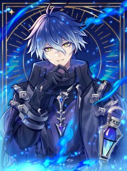 1boy antenna_hair black_gloves black_jacket blue_fire blue_hair chiyu_(silverxxxx) fire flins_(genshin_impact) genshin_impact gloves hand_on_own_chin head_tilt highres jacket lantern long_sleeves looking_at_viewer male_focus multicolored_hair smile solo streaked_hair stroking_own_chin upper_body yellow_eyes