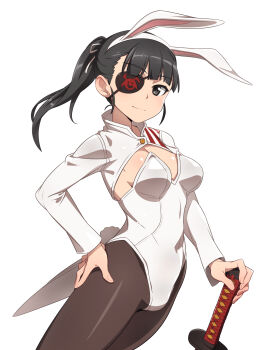 1girl alternate_costume animal_ears black_eyes black_hair black_pantyhose breasts eyepatch fake_animal_ears feet_out_of_frame highres holding holding_sword holding_weapon katana large_breasts leotard long_hair looking_at_viewer nanashino pantyhose playboy_bunny rabbit_ears sakamoto_mio solo standing strike_witches sword weapon white_leotard world_witches_series