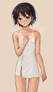 1girl absurdres after_bathing arm_at_side black_hair blush breasts brown_background brown_eyes collarbone commentary_request covering_breasts covering_privates cowboy_shot gluteal_fold hair_intakes hand_up heavy_breathing highres itsuki_nofuji looking_at_viewer naked_towel original parted_lips pussy_juice short_hair simple_background small_breasts solo standing steam tan tanline tanline_peek towel