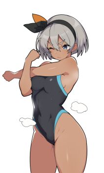 1girl alternate_costume bea_(pokemon) black_hairband black_one-piece_swimsuit blue_eyes bow_hairband breasts closed_mouth commentary_request cowboy_shot grey_hair hair_between_eyes hairband looking_down mituyota_76 nintendo one-piece_swimsuit one_eye_closed pokemon pokemon_swsh short_hair simple_background solo steaming_body stretching swimsuit white_background