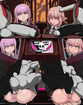 2girls 4boys anus before_and_after blindfold blunt_bangs boxman brown_hair constricted_pupils danganronpa_(series) death desk eyelashes foreskin hair_ornament hand_on_another&#039;s_head heart heart-shaped_pupils highres hinata_hajime huge_penis kirigiri_kyoko large_insertion large_testicles long_hair mating_press monokuma multiple_boys multiple_girls multiple_views naegi_makoto nanami_chiaki navel necktie netorare orange_eyes penis pink_eyes pink_hair pussy red_necktie saliva sex sweatdrop symbol-shaped_pupils testicles vaginal