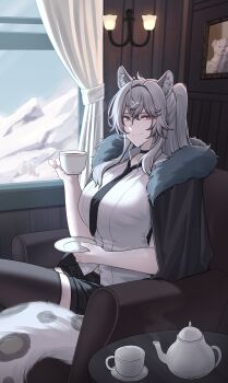 1girl absurdres animal_ear_fluff animal_ears ant_k arknights armchair black_choker black_coat black_necktie black_shorts black_thighhighs breasts chair choker closed_mouth coat coat_on_shoulders collared_shirt crossed_legs cup curtains double-parted_bangs earrings fur-trimmed_coat fur_trim genderswap genderswap_(mtf) grey_eyes grey_hair hair_intakes highres holding holding_cup holding_plate jewelry large_breasts leopard_ears leopard_girl leopard_tail light_blush medium_hair mountain navel necktie painting_(object) plate ponytail shirt short_shorts shorts silverash_(arknights) single_earring sleeveless sleeveless_shirt smile solo steam tail tassel tassel_earrings tea tea_set teapot thighhighs white_shirt window zettai_ryouiki
