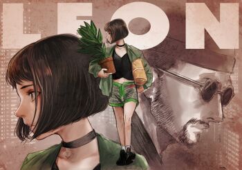 1boy 1girl ankle_boots beard black_boots black_choker black_hat blunt_bangs blunt_ends bob_cut boots brown_background brown_eyes brown_hair character_name choker close-up closed_mouth collarbone commentary copyright_name crop_top eyelashes facial_hair flower_pot from_side full_body green_jacket green_trim grey_shorts hat highres holding holding_flower_pot holding_plant jacket knit_hat leon_(leon_the_professional) leon_the_professional long_sleeves looking_afar looking_to_the_side mathilda_lando midriff mustache open_clothes open_jacket package pendant_choker plant potted_plant round_eyewear sepia short_hair shorts socks striped_clothes striped_shorts sunglasses takahori_kenta_(horipu) walking white_socks zoom_layer