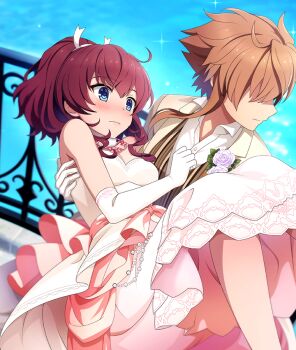 2girls averting_eyes bare_shoulders blue_eyes blush breasts brown_shirt carrying closed_mouth corsage covered_eyes dress elbow_gloves flower formal_clothes game_cg gloves hair_ribbon high_ponytail jacket jewelry konohana_suzuka medium_breasts multiple_girls necklace nose_blush official_art open_clothes open_jacket orange_hair outdoors pink_skirt ponytail princess_carry purple_flower purple_rose railing red_hair ribbon rose shidou_maki_(toji_no_miko) shirt short_hair short_hair_with_long_locks short_ponytail sidelocks skirt sparkle spiked_hair strapless strapless_dress striped_clothes striped_shirt suit third-party_source toji_no_miko toji_no_miko:_kizamishi_issen_no_tomoshibi vertical-striped_clothes vertical-striped_shirt water wedding_dress white_dress white_gloves white_jacket white_ribbon white_suit yuri