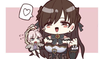 2girls :d anastasia_(idolmaster) barefoot black_bow black_shorts black_sleeves blue_eyes blush_stickers border bow breasts brown_eyes brown_hair brown_jacket character_request chibi cleavage detached_sleeves earrings flying_sweatdrops fur-trimmed_hood fur_trim hair_between_eyes heart hood hood_up hooded_jacket idolmaster idolmaster_cinderella_girls jacket jewelry kawamochi_(kawauti919) lifting_person long_sleeves medium_breasts mini_person minigirl multiple_girls open_mouth pink_background purple_shirt shirt shorts smile spoken_heart stud_earrings upper_body white_border