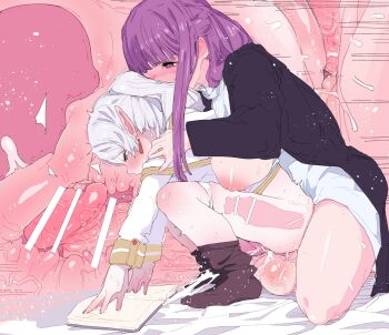 1futa 1girl bar_censor black_coat blush book breasts censored clothed_sex coat cross-section dress elf emanonta erection fern_(sousou_no_frieren) frieren from_side futa_with_female futanari green_eyes grey_hair highres kneeling large_breasts large_penis large_testicles loli long_hair long_sleeves nipples open_book open_clothes open_coat panties panty_pull penis pointy_ears purple_eyes purple_hair sex sex_from_behind sousou_no_frieren squatting testicles underwear vaginal veins veiny_penis white_dress x-ray