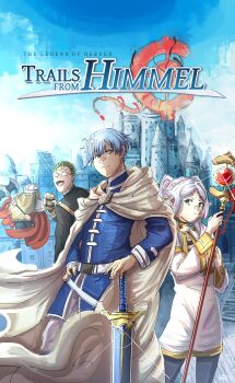 :d axe battle_axe beard blue_eyes blue_hair blue_sky cape castle commentary cover dwarf eisen_(sousou_no_frieren) eiyuu_densetsu elf english_commentary facial_hair fake_cover frieren glasses glint gold_trim green_eyes green_hair heiter helmet highres himmel_(sousou_no_frieren) holding holding_axe holding_staff ononotsu open_mouth pointy_ears sky smile sousou_no_frieren staff sword twintails video_game_cover weapon white_cape white_hair zero_no_kiseki