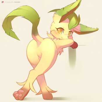 1girl against_wall ancesra animal_ears animal_feet animal_hands animal_nose arms_up artist_name ass ass_focus bent_over blush body_fur brown_background brown_fur closed_mouth crossed_arms crossed_legs feet female_focus from_behind full_body furry furry_female gen_4_pokemon green_hair happy highres leafeon looking_at_viewer looking_back nintendo no_anus no_pussy null_bulge patreon_logo patreon_username pawpads pokemon pokemon_(creature) short_hair sideways_mouth simple_background smile snout solo standing tail tail_raised two-tone_fur watermark watson_cross web_address yellow_eyes yellow_fur