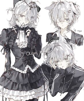 1girl animal_ears ascot bandaid bandaid_on_face black_bow black_dress black_jacket black_ribbon blue_eyes bow closed_mouth collared_shirt cowboy_shot cross cross_hair_ornament cross_necklace dog_ears dress eyepatch frilled_dress frills gauze goth_fashion gothic_lolita hair_ornament hairclip hand_on_own_face highres jacket jewelry juliet_sleeves konosekaino920 latin_cross lolita_fashion long_sleeves looking_at_viewer medical_eyepatch medium_hair mouth_hold multiple_views necklace original puffy_sleeves ribbon sample_watermark shirt short_hair simple_background single_thighhigh thighhighs track_jacket watermark white_ascot white_background white_hair white_shirt x_hair_ornament