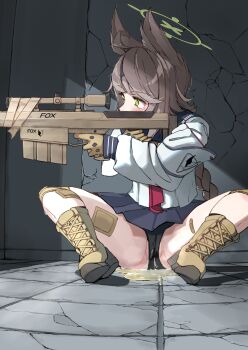 1girl absurdres ahoge aiming animal_ears ankle_boots anti-materiel_rifle armband bandaid bandaid_on_leg barrett_m82 black_panties blouse blue_archive blue_skirt blush boots braid braided_ponytail brown_boots brown_gloves crack cracked_wall fox_ears fox_girl full_body gloves green_eyes green_halo grey_hair gun halo headband highres holding holding_gun holding_weapon indoors knee_pads long_hair long_sleeves looking_to_the_side miniskirt multitasking necktie on_floor otogi_(blue_archive) panties pee peeing peeing_self petitpetitppp pleated_skirt puffy_long_sleeves puffy_sleeves red_necktie rifle school_uniform serafuku shirt single_braid sitting skirt sniper_rifle solo spread_legs tactical_clothes tactical_school_uniform text_on_weapon underwear weapon white_armband white_shirt