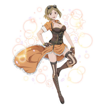 Rule 34 | 1girl, anime coloring, belt, black belt, bodice, boots, breasts, brown bodice, brown boots, brown eyes, brown gloves, brown hair, brown thighhighs, chest belt, cleavage, danmachi memoria freese, dress, dungeon ni deai wo motomeru no wa machigatteiru darou ka, fingerless gloves, frilled dress, frills, full body, gloves, goggles, goggles on head, hand on own hip, hand on own thigh, high-low dress, knee boots, lace-up boots, looking at viewer, lunoire faust, medium breasts, official alternate costume, official art, orange dress, parted bangs, parted lips, short hair, short sleeves, smile, solo, standing, standing on one leg, striped clothes, striped thighhighs, thighhighs, third-party source, underbust, white background