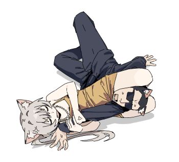 Rule 34 | 1boy, 1girl, anger vein, animal ear fluff, armbar, black jacket, cat boy, cat girl, closed eyes, commentary, dress, english commentary, fang, formal clothes, go! go! gris!, grey hair, highres, jacket, jewelry, long hair, necklace, nervous sweating, open mouth, shadow, short dress, simple background, sleeveless, sleeveless dress, suit, sunglasses, sweat, vertigris, viska (go! go! gris!), white background, yellow dress