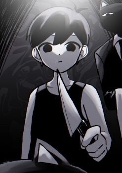 2boys animal_ears black_eyes black_hair black_necktie black_suit black_tank_top butler_(omori) cat cat_boy cat_ears closed_mouth collarbone colored_skin expressionless formal_clothes furry furry_male highres holding holding_knife imo_mo_0 knife male_focus mewo multiple_boys necktie omori omori_(omori) suit tank_top white_skin