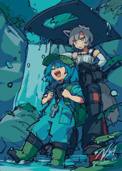 2girls absurdres alternate_costume animal_ears backpack bag black_gloves black_pants blue_hair boots closed_eyes commentary_request doggo_1d34 gloves green_boots green_hat grey_eyes grey_hair hair_bobbles hair_ornament hat highres holding holding_shield inubashiri_momiji kawashiro_nitori medium_hair multiple_girls open_mouth pants red_sandals sandals shield short_hair signature sleeves_rolled_up tail teeth touhou unfinished upper_teeth_only vest water waterfall white_vest wolf_ears wolf_girl wolf_tail