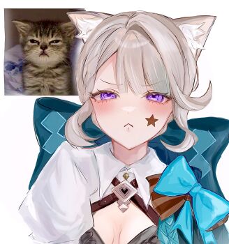 1girl :< animal_ear_fluff animal_ears aqua_bow blush bow breasts cat_ears cat_girl cleavage_cutout closed_mouth clothing_cutout facial_mark genshin_impact grey_hair highres hisui_(xztw) lynette_(genshin_impact) photo-referenced photo_inset purple_eyes reference_inset simple_background solo star_(symbol) star_facial_mark upper_body white_background