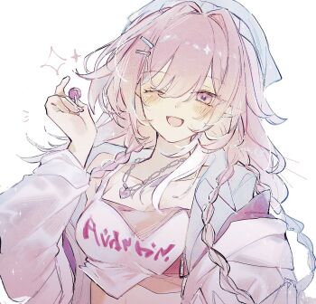 1girl ;o blue_hat blue_jacket breasts candy cleavage clothes_writing commentary_request crop_top cyrene_(honkai:_star_rail) cyrene_(nylon_japan)_(honkai:_star_rail) cyrene_(ripples_of_past_reverie)_(honkai:_star_rail) food hat heart heart_necklace highres holding holding_candy holding_food holding_lollipop honkai:_star_rail honkai_(series) jacket jewelry kino-cands large_breasts lollipop long_hair looking_at_viewer midriff necklace official_alternate_costume one_eye_closed pink_hair pointy_ears purple_eyes simple_background solo upper_body very_long_hair white_background