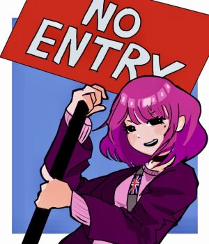 1girl 2026 amelia_(pathways) animification artist_name bag black_jacket blue_background blunt_bangs blush bob_cut border breasts choker clenched_teeth commentary earrings english_commentary eyebrows_hidden_by_hair female_focus flag highres holding holding_sign jacket jewelry long_sleeves looking_at_viewer mole mole_under_eye open_mouth pathways_(game) pink_sweater politics protest punishedlyss purple_eyes short_hair sign smug sweater teeth upper_body white_border