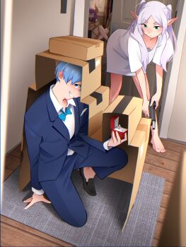 1boy 2girls absurdres arm_support aura_(sousou_no_frieren) barefoot black_shoes blazer blue_bow blue_bowtie blue_hair blue_jacket blue_pants bow bowtie box breasts cardboard_box closed_mouth cloth_gag collared_shirt demon_girl demon_horns downblouse elf frieren gag gagged green_eyes grey_hair grin gun highres himmel_(sousou_no_frieren) holding holding_gun holding_weapon horns improvised_gag jacket jewelry khyle. long_hair long_sleeves looking_at_viewer marriage_proposal mole mole_under_eye multiple_girls no_bra nude on_one_knee open_door pants parted_bangs pointy_ears ring shibari shirt shoes short_hair short_sleeves small_breasts smile sousou_no_frieren standing thick_eyebrows traditional_bowtie twintails w weapon white_shirt wooden_floor