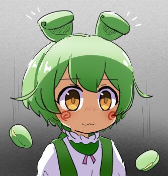 1girl :3 blush edamame green_hair grey_background hashtag-only_commentary pea_pod shirt short_hair solo sus304_a suspenders upper_body voiceroid voicevox white_shirt yellow_eyes zundamon