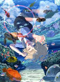 1girl ;) absurdres asymmetrical_footwear blonde_hair blue_eyes blue_sailor_collar blue_skirt blue_sky blush brown_shoes collarbone commentary_request fish highres in_water jellyfish looking_at_viewer neckerchief ocean one_eye_closed open_mouth original reaching reaching_towards_viewer red_neckerchief sailor_collar school_uniform shirt shoes single_shoe skirt sky smile socks solo teeth tortoise turtle upper_teeth_only upside-down user_hrgf8388 white_shirt white_socks