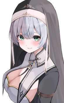 Rule 34 | 1girl, absurdres, breasts, cleavage, green eyes, grey hair, highres, hololive, large breasts, masamune-tan, no bra, nun, shirogane noel, shirogane noel (battle nun), short hair, smile, virtual youtuber, white background