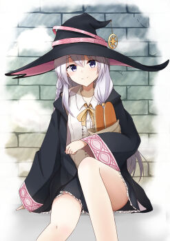 1girl absurdres bag black_hat black_robe black_skirt blue_eyes braid bread breasts closed_mouth collarbone collared_shirt commentary_request elaina_(majo_no_tabitabi) food grey_hair hair_between_eyes hat highres holding holding_bag long_hair looking_at_viewer majo_no_tabitabi neck_ribbon pleated_skirt ribbon robe shirt skirt sleeveless sleeveless_shirt small_breasts smile solo tsukimi_(rivia) white_shirt witch_hat yellow_ribbon