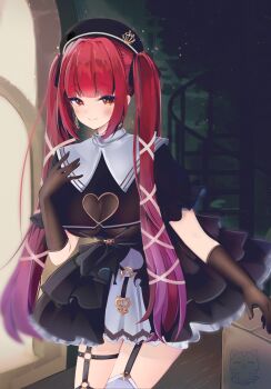 Rule 34 | 1girl, absurdres, beret, black bodysuit, black gloves, black hat, black shirt, black skirt, bodysuit, breasts, cleavage, cleavage cutout, closed mouth, clothing cutout, commentary request, fingerless gloves, frilled skirt, frills, gloves, hat, heart, heart-shaped pupils, heart cutout, heterochromia, highres, hololive, houshou marine, houshou marine (ahoy!! you're all pirates), large breasts, long hair, o-ring, o-ring thigh strap, official alternate costume, red eyes, red hair, shirt, skirt, smile, solo, symbol-shaped pupils, thigh strap, tundrea, twintails, very long hair, virtual youtuber, yellow eyes