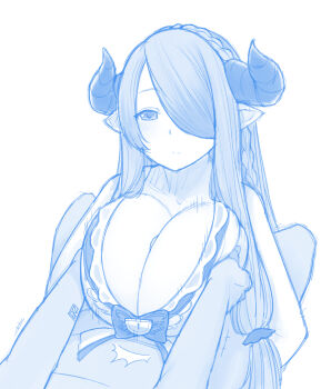 1boy 1girl bare_shoulders blush braid breasts cleavage closed_mouth draph ekz_(robotekz) granblue_fantasy half-closed_eyes highres horns huge_breasts large_breasts long_hair looking_at_another monochrome narmaya_(granblue_fantasy) one_eye_covered paizuri ribbon simple_background white_background