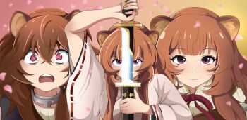 3girls age_difference animal_ear_fluff animal_ears armor black_dress blunt_bangs breastplate breasts brown_hair cherry_blossoms child closed_mouth collar collared_dress commentary d: dress eyelashes falling_petals firekeeper_8 glint gradient_background hair_between_eyes high_collar highres holding holding_sheath holding_sword holding_weapon kosode layered_dress long_hair long_sleeves looking_at_viewer medium_breasts messy_hair metal_collar multiple_girls neck_ribbon open_mouth petals pink_background pink_eyes pink_lips pinstripe_dress pinstripe_pattern portrait raccoon_ears raccoon_girl raphtalia red_ribbon ribbon ribbon-trimmed_sleeves ribbon_trim scabbard sheath smile straight-on straight_hair sword tate_no_yuusha_no_nariagari time_paradox unsheathing weapon white_dress white_kosode wide_sleeves yellow_background yellow_trim