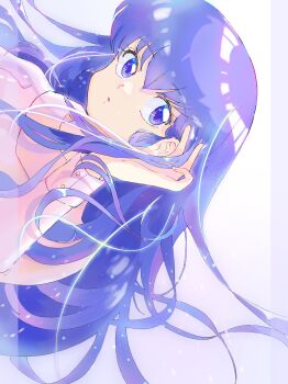 blue_eyes blue_hair en_0410 hand_up highres long_bangs long_hair long_sleeves looking_to_the_side maison_ikkoku open_mouth otonashi_kyouko pink_sweater simple_background sweater white_background wind