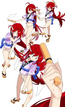 1girl fundoshi hachimaki headband highres hipa_(some1else45) japanese_clothes long_hair mizu_happi multiple_persona nejiri_hachimaki original red_hair sandals sequential simple_background some1else45 tagme white_background