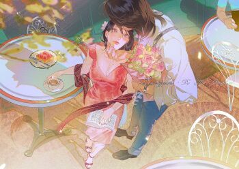 Rule 34 | 1boy, 1girl, artist name, black hair, black shoes, blue pants, book, bouquet, breasts, brown hair, brown shawl, cafe, chair, cleavage, collared shirt, couple, cup, eren yeager, facial scar, flower, from above, full body, grey eyes, hair between eyes, hair flower, hair ornament, hand on another's chin, hetero, holding, holding book, holding bouquet, lacampanule, large breasts, long skirt, looking at another, medium hair, mikasa ackerman, open-toe shoes, pants, pink flower, pink skirt, reading, red shirt, scar, scar on cheek, scar on face, shawl, shingeki no kyojin, shirt, shoes, short sleeves, sitting, skirt, smile, suspenders, table, watch, white shirt, wristwatch