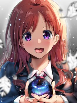 Rule 34 | 1girl, :d, blazer, blue apple, blue jacket, blurry, blurry foreground, collared shirt, female focus, food, fruit, highres, holding, holding food, holding fruit, idolmaster, idolmaster cinderella girls, jacket, long hair, long sleeves, looking at viewer, nonohachi, open clothes, open jacket, open mouth, portrait, purple eyes, red hair, shirt, smile, solo, tsujino akari, white shirt, wing collar