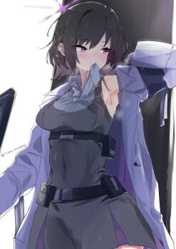 1girl absurdres armband armpits assault_rifle black_armband black_hair blue_archive blush breasts candy_moon777 clothes_lift coat collared_shirt gloves gradient_hair grey_necktie gun h&amp;k_hk33 halo highres lifting_own_clothes looking_to_the_side medium_breasts mole mole_on_neck multicolored_hair necktie presenting_armpit purple_eyes purple_hair rifle shirt short_hair simple_background subaru_(blue_archive) sweat two-tone_hair weapon