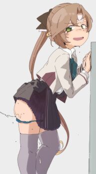 1girl against_wall akigumo_(kancolle) akigumo_kai_ni_(kancolle) aqua_bow aqua_bowtie black_ribbon blush bow bowtie brown_hair cold_pack dova green_eyes green_panties grey_thighhighs hair_ribbon jacket kantai_collection long_hair mole mole_under_eye panties panty_pull ponytail pussy_juice pussy_juice_trail ribbon thighhighs underwear