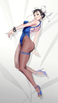 1girl absurdres adapted_costume ass bare_shoulders black_eyes black_hair blue_one-piece_swimsuit blue_shoes bracelet breasts brown_pantyhose bumaden bun_cover capcom chun-li clenched_teeth commentary_request earrings from_side full_body hair_bun high_heels highleg highleg_one-piece_swimsuit highres jewelry legs looking_at_viewer medium_breasts one-piece_swimsuit open-toe_shoes pantyhose pantyhose_under_swimsuit parted_lips pearl_earrings shoes solo spiked_bracelet spikes street_fighter street_fighter_6 swimsuit teeth thigh_strap thighs