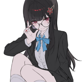 Rule 34 | 1girl, black hair, black skirt, black vest, blue bow, blue bowtie, bow, bowtie, glasses, hair ornament, hairclip, highres, honkai: star rail, honkai (series), long hair, looking at viewer, neon (pixiv 31150749), official alternate costume, purple eyes, red nails, round eyewear, shirt, simple background, skirt, solo, sparkle (honkai: star rail), sparkle (school uniform) (honkai: star rail), thighs, very long hair, vest, white background, white shirt