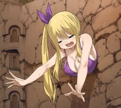 Rule 34 | 1girl, bare shoulders, bikini, blonde hair, blush, breasts, cleavage, closed eyes, collarbone, fairy tail, gaston18, highres, large breasts, long hair, lucy heartfilia, open mouth, outstretched arms, purple bike shorts, side ponytail, sidelocks, solo, stuck, swept bangs, swimsuit, through wall, trembling, upper body, wavy hair