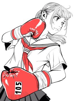 1girl boxing boxing_gloves breasts commentary_request gloves greyscale hatching_(texture) highres lee_(dragon_garou) looking_to_the_side miniskirt monochrome neckerchief original pleated_skirt ponytail red_gloves red_neckerchief school_uniform serafuku skirt small_breasts solo spot_color upper_body