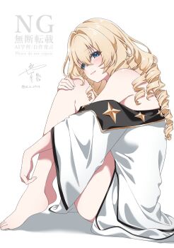 1girl absurdres bare_legs bare_shoulders barefoot blonde_hair blue_eyes blush commentary_request crown_(naked_king)_(nikke) crown_(nikke) drill_hair feet from_side goddess_of_victory:_nikke highres legs long_hair naked_robe off_shoulder official_alternate_design official_alternate_hairstyle robe signature simple_background sitting smile solo toes too_many_drills watermark white_background white_robe yazuki_(n_y_0714)