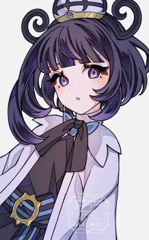 1girl :o bad_id bad_twitter_id belt belt_buckle black_dress blunt_bangs bob_cut buckle coat dress eyelashes gwynn_(pokemon) hat highres lily_00715 long_sleeves looking_at_viewer nintendo o-ring o-ring_belt open_clothes open_coat open_mouth pokemon pokemon_legends:_z-a purple_eyes purple_hair short_hair solo white_background white_coat