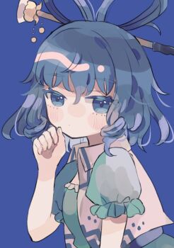 1girl arm_at_side blue_background blue_dress blue_eyes blue_hair blush commentary_request dress drill_hair drill_sidelocks expressionless eyebrows_hidden_by_hair eyes_visible_through_hair fingernails frills from_side hair_between_eyes hair_ornament hair_rings hair_stick hand_on_own_chin hand_up hiyuu_(hiyualice) kaku_seiga looking_at_viewer looking_to_the_side medium_hair puffy_short_sleeves puffy_sleeves short_sleeves sidelocks simple_background solo touhou upper_body vest white_vest wing_collar